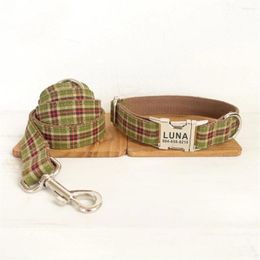 Dog Collars Personalised Pet Collar Customised Nameplate ID Tag Adjustable Soft Green Brown Suit Plaid Cat Lead Leash