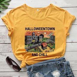 Women's T Shirts Colored Halloweentown And Chill Tshirt Spooky Women Short Sleeve Autumn Halloween Graphic Tee Shirt