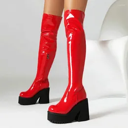Boots White Black Red Sexy Woman Winter Autumn Shoes Chunky High Heels Platform Overknees Zip Up Patent Leather Stretch Women