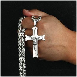 Pendant Necklaces Gold Colour Fish Bone Pattern Cross Necklace Men Stainless Steel Crucifix Jesus Link Chain Catholic Jewellery Drop Del Otdin