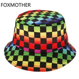 Wide Brim Hats Bucket FOXMOTHER New Punk Bob Panama Cassette Gorras Caps Rainbow Multi Colour Chequered Womens Hat Mens Hip Hop Gorro Q240403