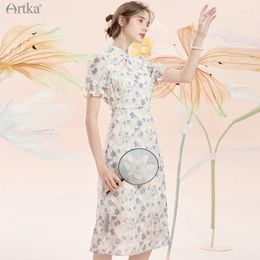 Party Dresses ARTKA 2024 Summer Elegant Vintage Chinese Cheongsam Floral Dress Puff Sleeve Slim Split Midi Chiffon Women LA22714X