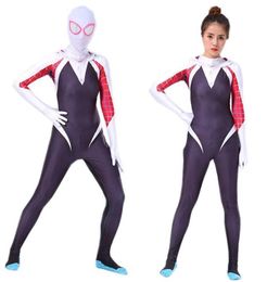 Bazzery Spider Gwen Costume Stacy Cosplay Hoodie Zentai Into the SpiderVerse Adult Kids Bodysuit Skin Suit Halloween Cosplay G0928776756