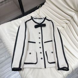 Spring Autumn Bow Contrast Color Contrast Trim Tweed Jacket White Black Long Sleeve Round Neck Double Pockets Single-Breasted Jackets Coat Short Outwear A3G096535