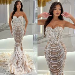 Evening Fabulous Mermaid Elegant Sweetheart Beaded Prom Dress Pearls Feathers Skirt Formal Dresses For Women es