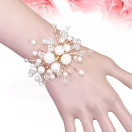 Decorative Flowers Wedding Wrist Flower White Corsage Manual Hand Bridesmaids Pearl Crystals Bracelet