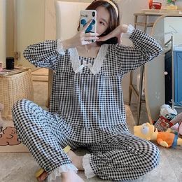 Home Clothing Lace Patchwork 2PCS Pajamas Suit Long Sleeve Spring Nightwear Intimate Lingerie Casual Women Sleep Set