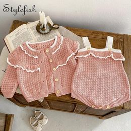 Clothing Sets INS Spring And Autumn Network Red Infant Toddler Girl Baby Ruffle Knitted Coat Strap Romper Creeper 2-piece Set