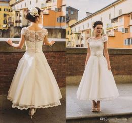 Vintage ALine Wedding Dresses 2019 Illusion Neck Cap Sleeves Lace Beads Short Ankle Length Sashes Organza Cheap Bridal Dress3953613