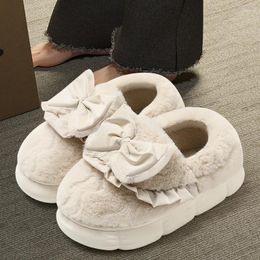 Slippers Winter Warm Bowknot Women Plush Soft Non-slip Sole Thick Furry Slipper Men Couple Home Indoor Cotton Shoes