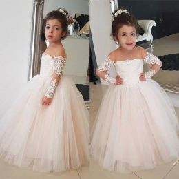 Dresses Ivory Lace Ball Gown Flower Girl Dresses For Wedding Sheer Jewel Neck Toddler Pageant Gowns With Long Sleeves Tulle Kids Communion