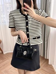 Women's Knits "Modern Breath" M Family 2024 Early Spring Fashion Round Neck Black And White Stripe Short Knitted Cardigan Top