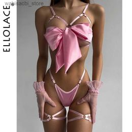 Sexy Set Ellolace Bowknot Lingerie Open Bra Lace Up Sexy Underwear 3-Piece Satin Erotic Outfit Girls Uncensored Bilizna Set Of Sex L2447