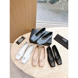 2024 Spring/summer New King Denim Square Head Genuine Leather Shallow Mouth Flat Bottom Ballet Shoes Bow