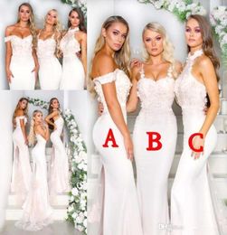 2019 Halter Satin Mermaid Long Bridesmaid Dresses 3D Floral Lace Applique SweepTrain Formal Party Wedding Guest Maid Of Honor Dres2044187