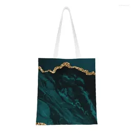 Shopping Bags Custom Teal And Gold Agate Texture Canvas Bag Women Reusable Grocery Geometric Patterns Tote Shopper