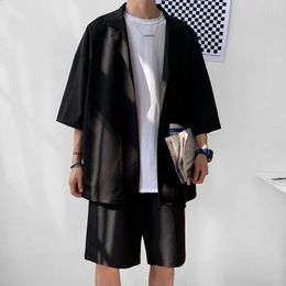Summer 2 Piece Set Men Suit Jacket and Shorts Oversized Clean Fit Male Clothes Korean Style Casual Loose Short Shirt Outfits Man 240329
