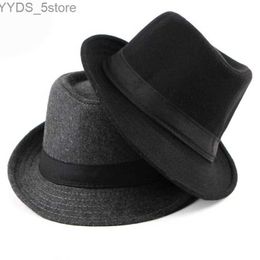 Wide Brim Hats Bucket HT1519 Spring and Autumn Mens Fedoras Solid Wood Felt Bowling Derby Hat with Black Band British Style Jazz Trilby Fedora yq240407