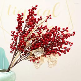 Decorative Flowers Artificial Red Christmas Holly Berry Stem Silk Tree Berries Golden Leaves For Xmas Year Winter Home Party Decoration