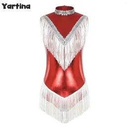 Stage Wear Womens Metallic Ballet Latin Dance Performance Costume Fringed Bodysuit Shiny Sequins Mock Neck Tassel Leotard Jazz Dancewear