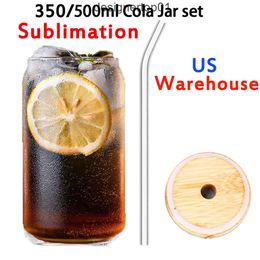 Stanleliness Local warehouse Sublimation 16oz clear frosted Glass tumbler can Creative Sequins Can shape Bottle Summer Drinkware Coffee with wood lid and plas LQYH