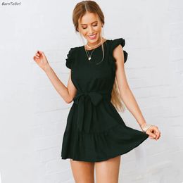 BornToGirl Y2K Sexy Tunic Dress Women Spring Summer Streetwear Fashion Sleeveless Round Neck Black Navy Blue Ruffles Dress 240407