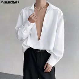 Men's Casual Shirts INCERUN Men Shirt Solid Color V Neck Long Sleeve Clothing Streetwear 2024 Loose Korean Style Leisure S-5XL