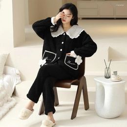 Women's Sleepwear 2024 Plush Pajama Women Autumn Winter Coral Fleece Loungewear Long Sleeves Plus Thick Velvet Homewear Warm Flannel Set