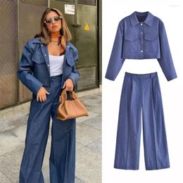 Women's Jackets Women Blue Crop Blazer And Pants Elegant Lapel Long Sleeve Pocket Tops Leg Ankle-Length Trousers Office Lady Suit
