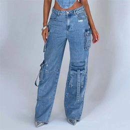 Women's Jeans Distressed Women Cargo Strap On Pockets High Street Denim Pants For Female Loosen Baggy Trousers