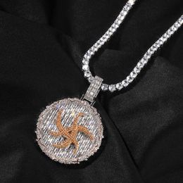 Top Quality Hip Hop New Thorn Round Medal Pendant Necklace With Copper Inlaid Colourful Bling Cubic Zirconia CZ Stone Fashion Rock Full Crystal Collar For Men Guys