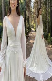 2022 Beach Boho Wedding Dresses Bridal Gown with Long Sleeves Sexy Backless Sweep Train Lace Chiffon Country Garden Custom Made Pl1091018