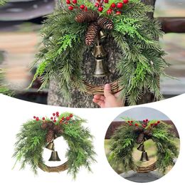 Decorative Flowers Christmas Artificial Wreath For Front Door 18 Inch Outdoor Pinecones Red Berries Bell And Woven Branch Ring Base Home