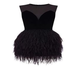 2022 Sexy Little Black Girls Feather Mini Cocktail Party Dresses Fashion Sheer V Neck Evening Dresses Satin Short Black Formal Gow8508673