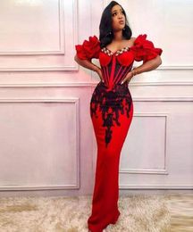 Red African Mermaid Prom Dresses With Short Sleeves Beads Lace Appliques Aso Ebi Evening Gowns Plus Size Women robe de soiree7039471