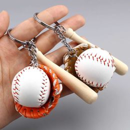 Keychains Lanyards Mini Three piece Baseball Glove Wooden Stick Keychain Sports Car Keyring Mens Gift 11cm 1-piece Q240403