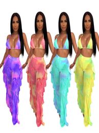 Women 2 Piece Outfits Tie Dye Galaxy Mesh Bikini See swimwear Halter Bra Top Ruffles Splicing Pants Suit Tracksuit casual clothes2733129