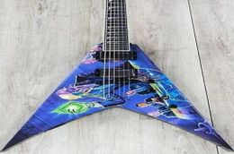 Handwork Dave Mustaine Rust In Peace Blue Flying V Electric Guitar Active Pickups 9V Battery Box Black Hardware Fin Inla7853843