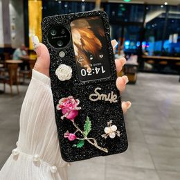 ZFlip5 3D Flower Rose Bling Glitter Cases For Samsung Z Flip 5 4 3 Galaxy Flip5 Sparkle Girls Hard PC Plastic PU Leather Beads Smile Shockproof Folding Fashion Cover