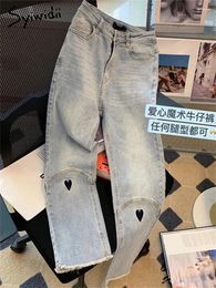 Women's Jeans Syiwidii Embroidery Blue For Women High Waisted Ankle Length Streetwear Korean Fashion Tassel Wide Leg Chic Denim Pants