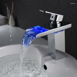 Bathroom Sink Faucets 3 Colours Change Water Basin Faucet Mixer Tap Single Hole LED Lamp Chrome Plated Waterfall