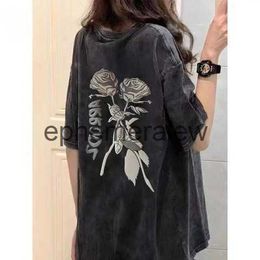 Women's T-Shirt American retro ins washed distressed rose short-sleeved T-shirt for women loose oversize summer niche street style y2k brand top H240407