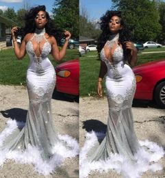 South African See Through Prom Dresses 2k17 Lace Appliques Backless Evening Gowns Tulle Sweep Train Feather Mermaid Women Formal P6248304