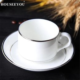 Cups Saucers HOUSEEYOU White Ceramic Coffee Cup Saucer Set Pigmented Porcelain Afternoon Tea Teacup With Stainless Steel 304 Spoon