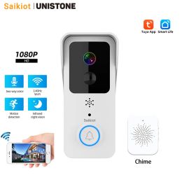 Doorbell Saikiot Tuya Smart Wireless Doorbell Camera 1080P WIFI Peephole Two Way Audio PIR Motion Detection Eyecat Doorbell