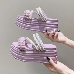 Sandals 9CM Summer Casual High Platform Women Buckle Strap Slippers Thick Bottom Pearl Sandalias Woman Chunky Beach Shoes Mujer