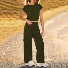 Women's Two Piece Pants Casual Summer Set Women Outfit 2024 Solid Loose Crop Top Wide Leg Suits Chic And Elegant Woman Sets