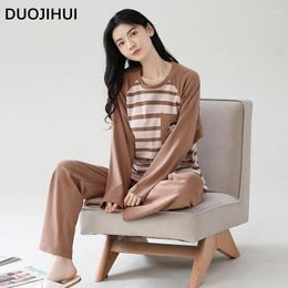 Home Clothing DUOJIHUI Classic Two Piece Chic Stripe Pyjamas For Women Fashion O-neck Pullover Basic Loose Pant Simple Female Set