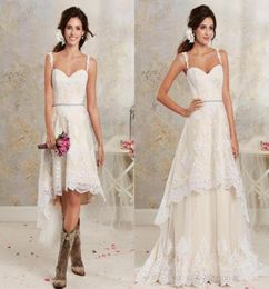 2019 Cheap Beach High Low Wedding Dresses with Detachable Train Spaghetti Straps Lace Appliqued Overskirt Bridal Gowns5599604