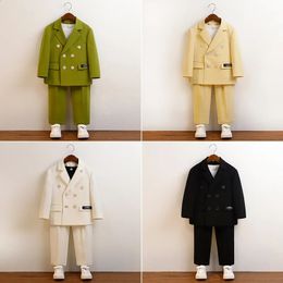 Childrens Spring Summer Korean Suit Set Boy Fashion Wedding Birthday Performance Pography Dress Kids Blazer Pants Clothes 240328
